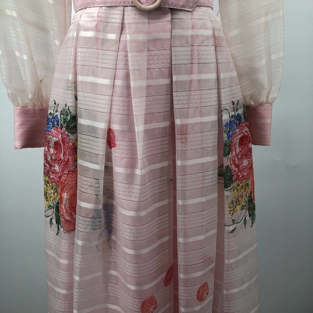 Vintage 60s Pink Stripe Floral Maxi Dress Roses Sheer Layered Mad Men Belted SzS - Picture 6 of 12